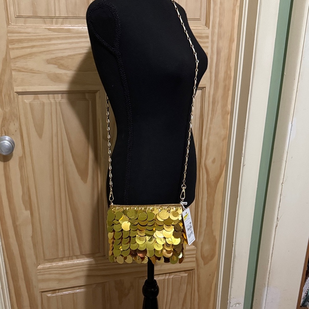 Urban Expressions Sparkly Gold Sequin Chain Crossbody Bag NWT